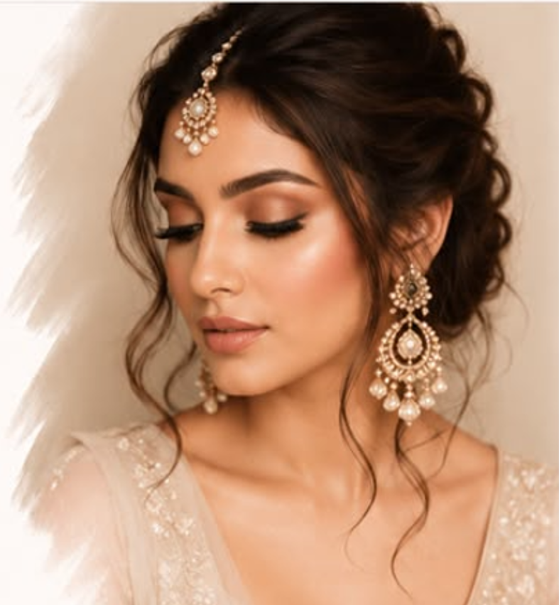 Bride wearing luminous makeup and heirloom jewellery